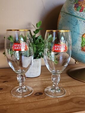 Stella Artois Gold Trim Red Logo Chalice Glass - Set of 2